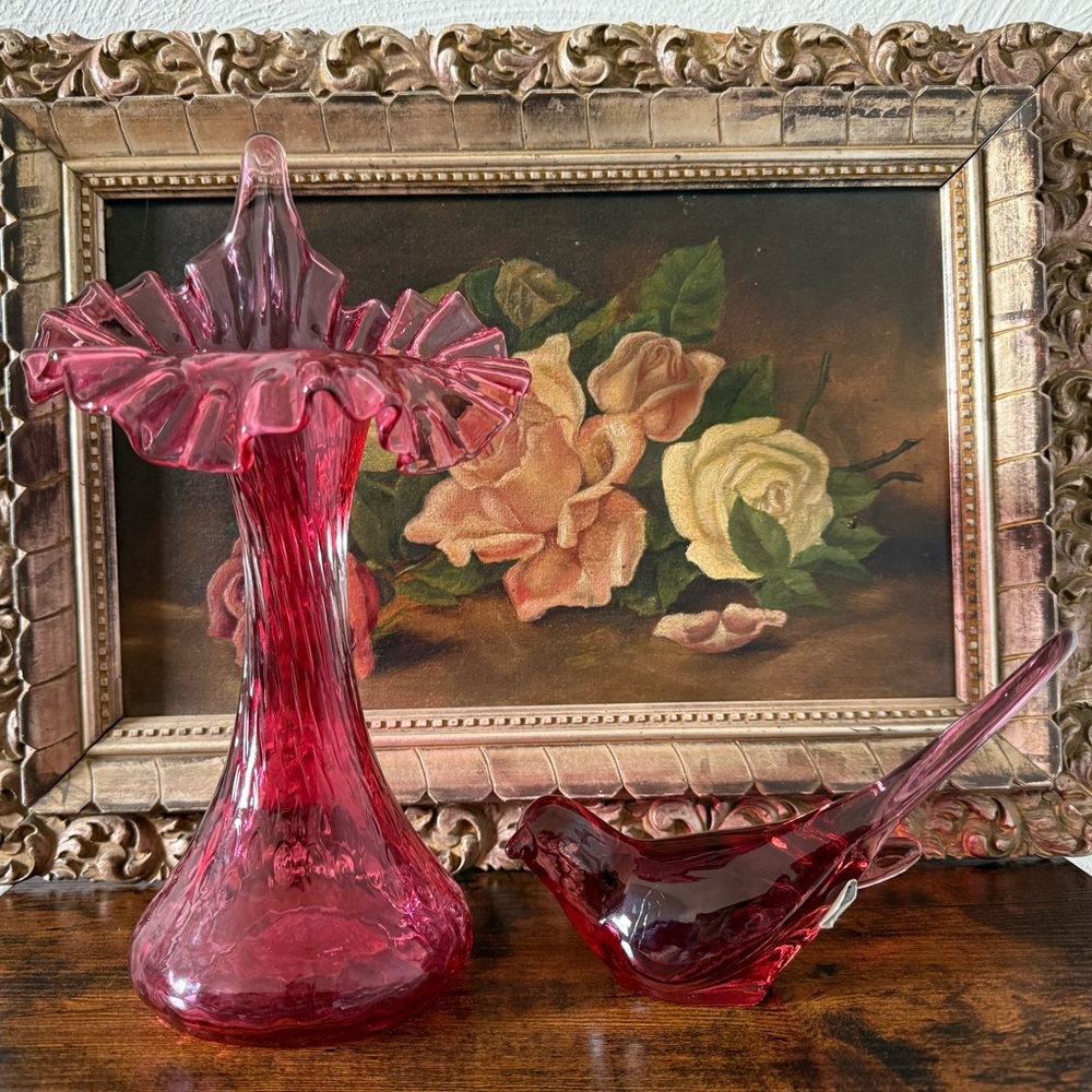 Fenton Cranberry Pink JIP Vase and Bird of Happiness
